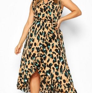 Plus Wrap Leopard Ruffle Midi Dress